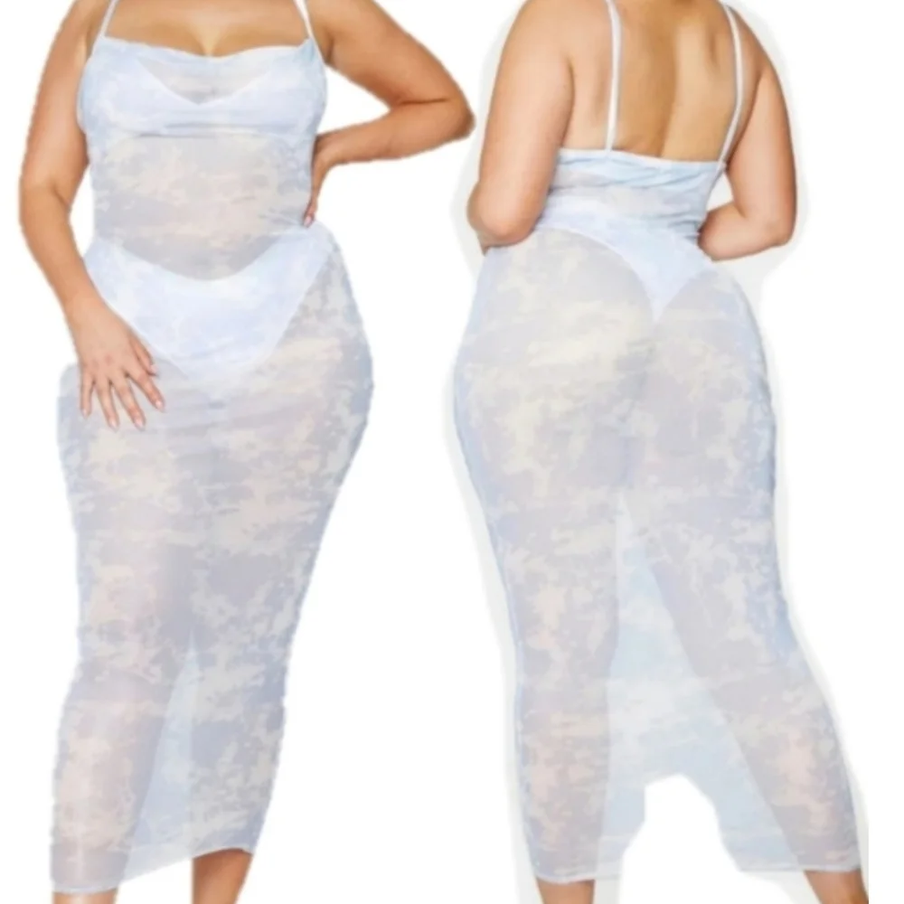 PrettyLittleThing Blue & White Cloud Tie-Dye Sheer Maxi Dress Size 20 NWT - Picture 3 of 4